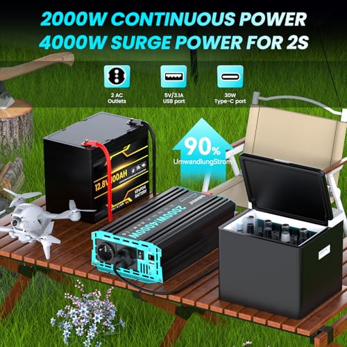 SUDOKEJI 2000 W / 4000 W Inverter Pure Sine Wave Voltage Converter 12 V to 230 V Power Inverter with LCD Remote Control, Type-C and USB Ports, 2 EU AC Sockets for Solar, Vehicles, Motorhomes