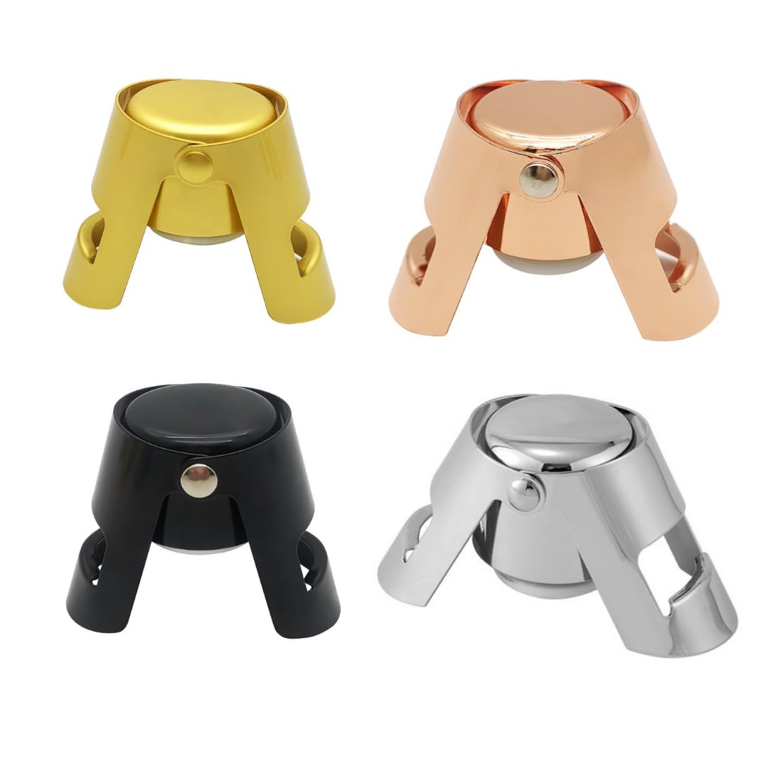 4-Pack Stainless Steel Champagne or Sparkling Wine Stoppers - Vacuum Sealed, Rust-Resistant, Easy Clean, Airtight Seal - Silver, Gold, Rose, Black