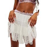 Y2k Ruffle Mini Skirt for Women Lace Hem Low Rise Pleated Short Skirt Fairy A-line Tiered Flowy Skirt Streetwear