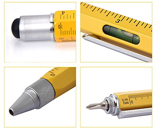 Shulaner 6 in 1 Multifunction Tech Tool Ballpoint Pen with Ruler Level Stylus and Two-head Screwdriver Gift for Men, Yellow, 2 Pack