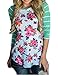 OURS Women Casual Striped Long Sleeve Floral Pacthwork T-Shirt Top Blouse (XXL, Green)