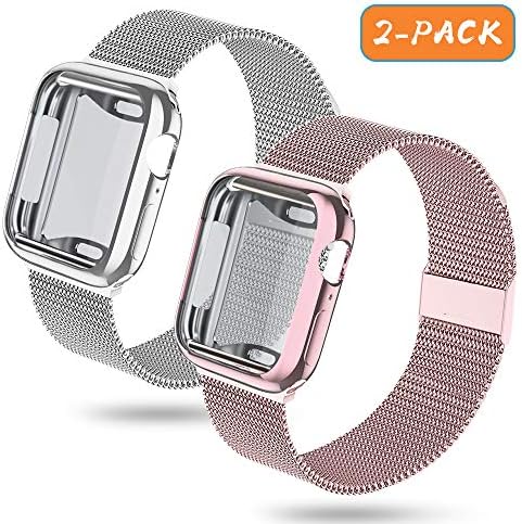 KEOLUS Compatible for Apple Watch Band 38mm 40mm 42mm 44mm with Screen Protector, Soft TPU Protective Case with Stainless Steel Mesh Loop Replacement for iWatch Band Series 5 4 3 2 1