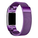 AutumnFall Milanese Stainless Steel Watch Band Strap Bracelet + HD Film for Fitbit Charge 2 (Purple)