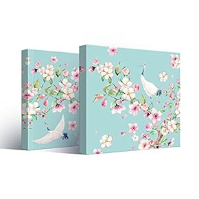 2 Panel Square Canvas Wall Art - Watercolor Style Painting of Cranes and Flowers on Teal Background - Giclee Print Gallery Wrap Modern Home Art Ready to Hang - 12"x12" x 2 Panels