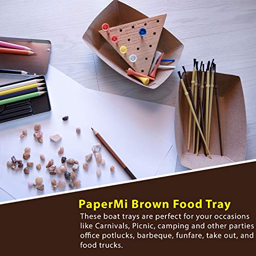 PaperMi Brown Paper Food Tray - USA Made FDA Approved 2.5lb Disposable Kraft Hot Dog Tray, Paper Food Trays for Picnics, Carnivals, Camping - Food Serving Tray Holds Hot and Cold Food - (250pcs)