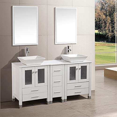 TONYRENA Modern 60" Bathroom Vanity Set - Cabinet With Ceramic Sink Top, Faucet, Flexible Drain & Mirrors, White - Thumbnail 5