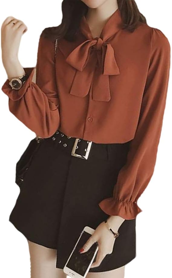 Amazon エイチユーエー ブラウス レディース リボン シフォン トロミ 長袖 通勤 通学 ビジネス オフィス オシャレ 春夏 秋 シフォンシャツ オフィスカジュアル シャツ フォーマル シンプル 可愛い オフィススーツ リボン付き ビジネスリボンタイ 韓国 演奏会 大きい