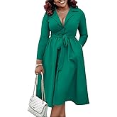 BFFBABY Fall Dresses for Women Plus Size Casual Long Sleeve V Neck A Line Midi Dresses with Belt Pockets