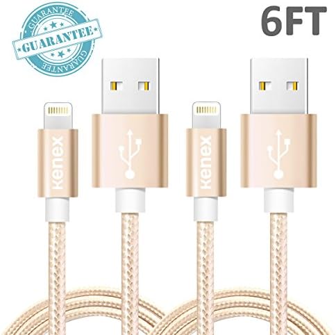 Kenex® 2 Packs 6.6ft [Gold] USB 2.0 Nylon Braided Lightning Cable USB Charging Cable Cord for iPhone 6S/6S Plus/6 Plus/6/5/5C/5S/SE, iPad Air, Mini 4, iPod 5 and iPod 7