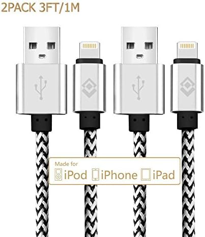 Lightning Cable,[2-Pack] 3ft/1m USB Cable Nylon Braided tangle-free High Speed Data Sync Charger cord with Aluminum Heads for Apple iPhone 6/6s/5/5s/5c Plus iPad iPod iPad Air Mini (silver)