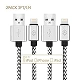 Lightning Cable,[2-Pack] 3ft/1m USB Cable Nylon Braided tangle-free High Speed Data Sync Charger cord with Aluminum Heads for Apple iPhone 6/6s/5/5s/5c Plus iPad iPod iPad Air Mini (silver)