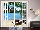 Nautical Curtains Palm Tree Decor by Ambesonne, Ocean Beach Seascape Heaven Sunbeds Balcony White Wooden Windows Summer Tropical 2 Panels Set Curtains for Living Room and Bedrooms, Blue Green White