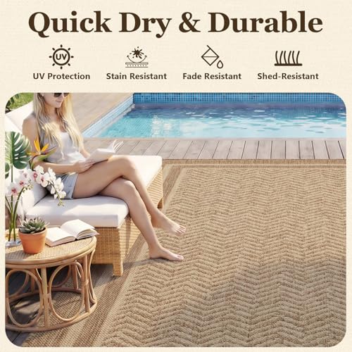 Outdoor Rug-Patio Rug Boho Polypropylene Indoor Outdoor Rug for Porch Balcony Patio Outdoor Area Rug Durable Outdoor Carpet Living Room Mat, Frame Brown 7.9x10 ft