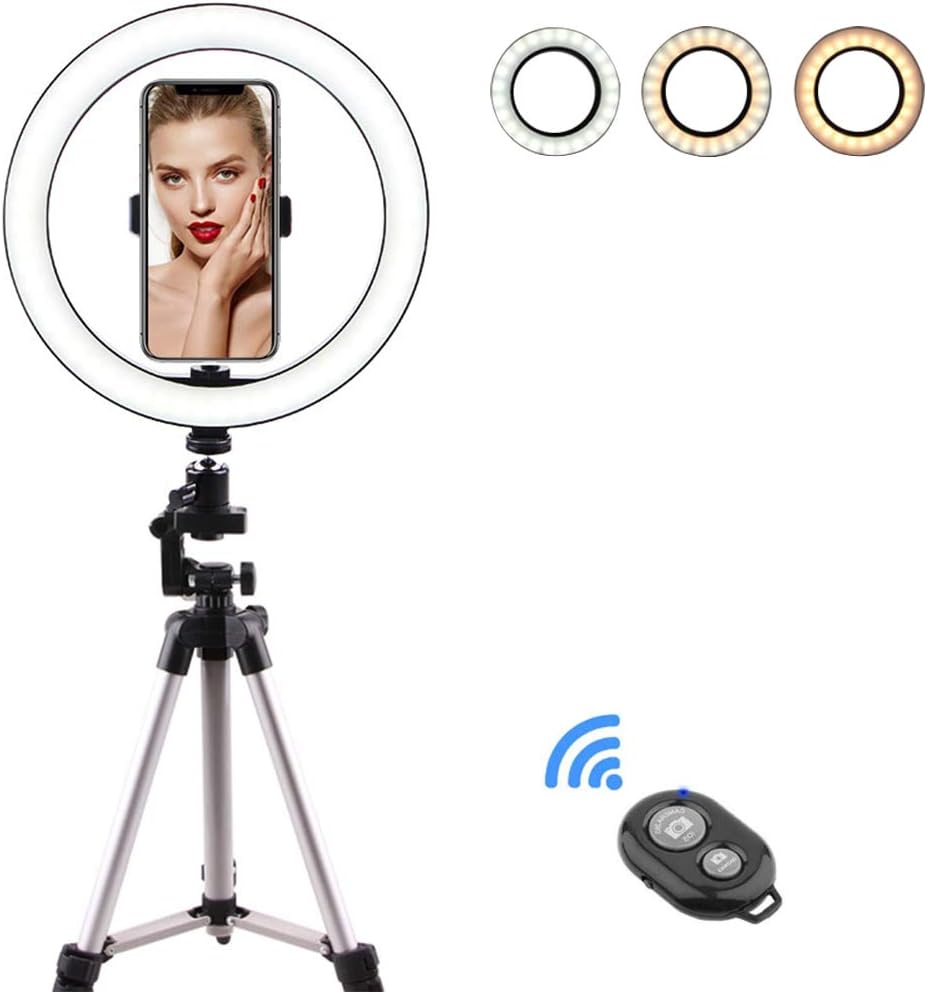 10" LED Makeup Light with Tripod Stand & Phone Holder for Selfie, Makeup, Live Streaming &Video, Dimmable Desk Ringlight Kit for Photography (3 Light Modes&10 Brightness Level)