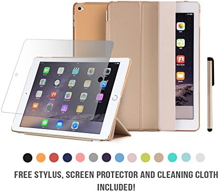 New iPad Air 2 Case by JACKIT Auto Lock Magnetic Connection Back Cover Front Smart Wake/Sleep Front Stand Cover Drop Shock Proof FREE Stylus Screen Protector Cloth for Apple iPad Air 2 [Gold]