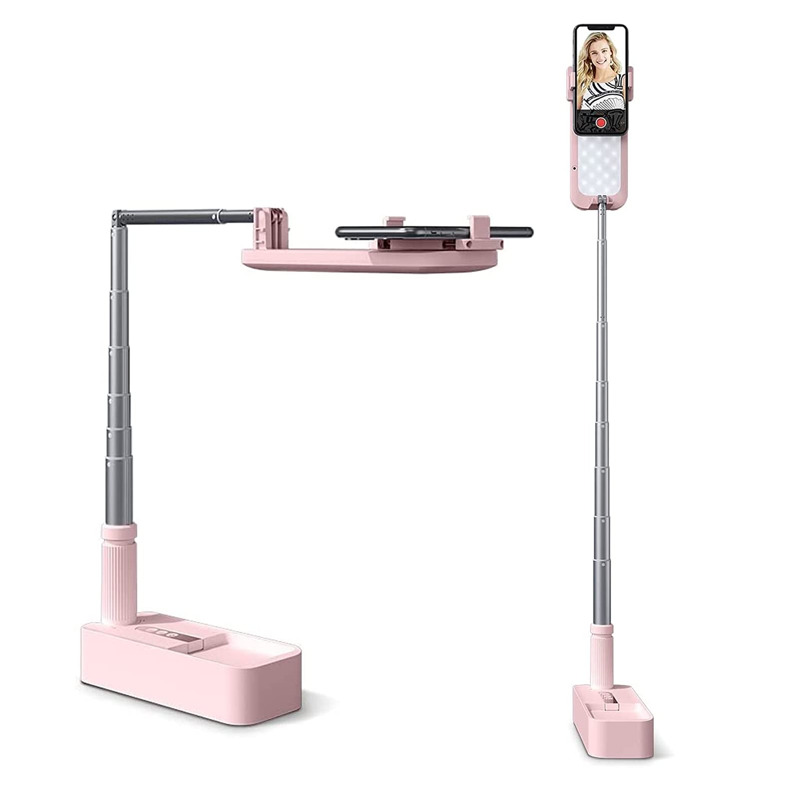 Extendable Selfie Stand 360° Rotation with Phone Holder, Rechargeable Wireless Foldable 7 Brightness LED Light for Live Streaming/YouTube/Tiktok/Video Recording/Photography/Reading (pink)