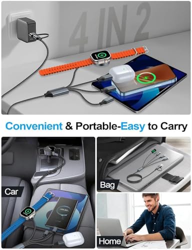Travel Cruise Essentials 2026, 4 in 2 Multi Charging Cable with IP/iWatch/Micro USB/Type C Port, USB C/USB A Phone Watch Charger Cord Compatible with Apple Watch Ultra/SE/11-2, for iPhone17-8, Car-5FT