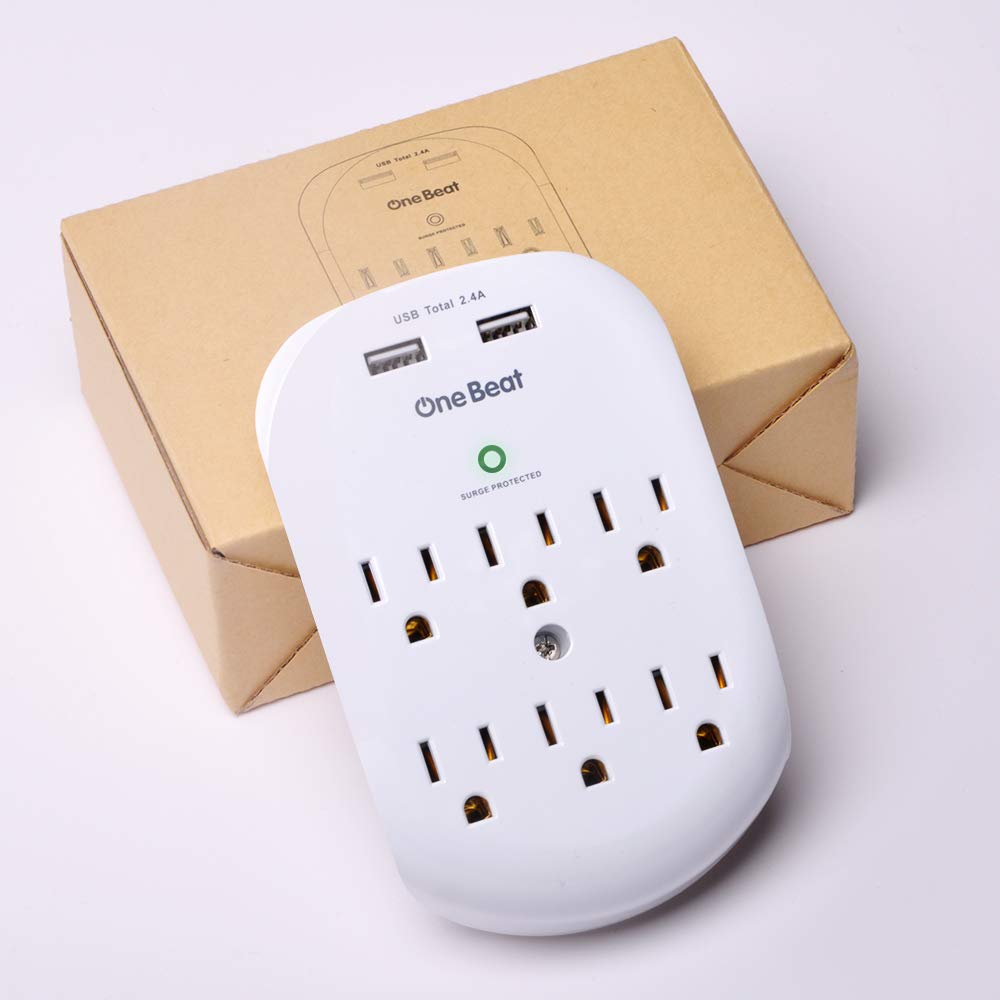 6 Outlet Surge Protector, One Beat Multi Outlet Wall Mount Adapter with 2 USB Charging Ports 2.4 A, 490 Joules, ETL Certified-White