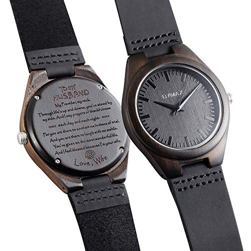 Mens Engraved Wooden Watch, Bymax Wood Watches for Husband Son Groomsmen Customized Birthday Anniversary Gift for Men or Women