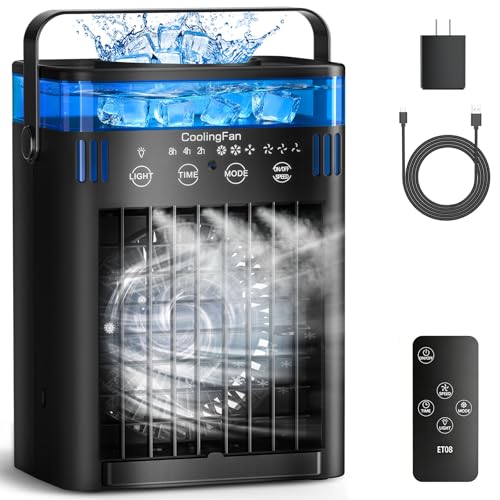 Portable Air Conditioner, Mini Air Conditioner Portable Cooling Fan with Remote Control, 3 Wind Speed & 3 Mist Level & 2-8H Timer Evaporative Air Cooler for Home Office Room, Black