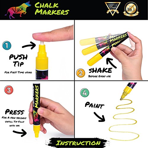 Chalk Markers by Vaci, Pack of 10 + Drawing Stencils + 16 Labels, Premium Liquid Chalkboard Neon Pens, Including Gold, Silver and Extra White Ink, Bullet or Chisel Reversible Tips