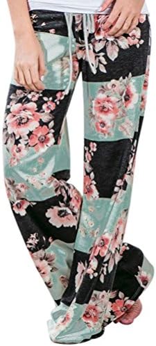 Shybuy Hot Sale Womem's Comfy Stretch Floral Print Drawstring Palazzo Wide Leg Lounge Pants Women's Loose Baggy Yoga Long Pants Floral Printed Trousers (M, Green)