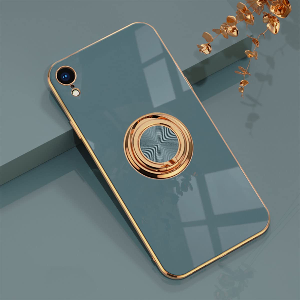 EYZUTAK Electroplated Magnetic Ring Holder Case for iPhone XR, 360 Degree with Rotation Metal Finger Ring Holder Magnet Car Holder Soft Silicone Shockproof Cover for iPhone XR - Gray