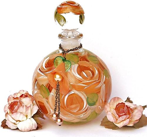 Large Vintage Style Round Glass Perfume Bottle with Painted Peach Orange Roses Stopper Cap Romantic Room Decor