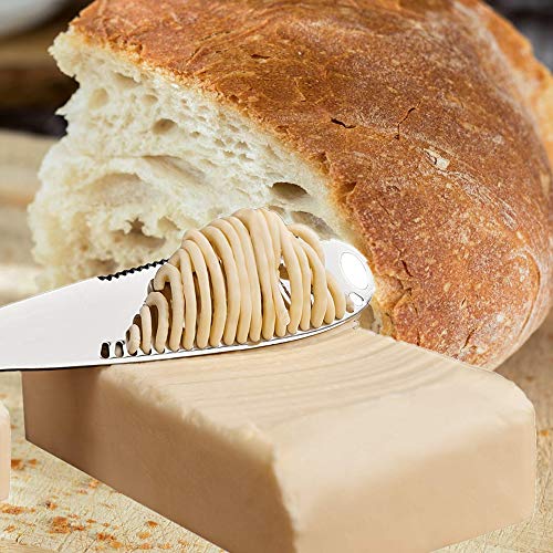 3in1 Multi-function Butter Knife, 2 Pack Stainless Steel Butter Curler & Spreader with Serrated Edge, Shredding Slots for Cutting Vegetables Fruit Cheese-Silvery