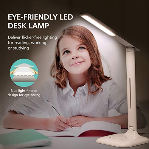 LED Desk Lamp, Eye-caring Table Lamp, Desk Light with 5 Brightness Levels and 5 Color Mode，USB Charging Port, Sensitive Control, 10W Power for Reading, Working, Painting, Sleeping in Home, Office