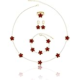 Gold Plated Five Leaf Clover Necklace Bracelet Rings and Dangle Earrings Set for Women Lucky Flower Jewelry