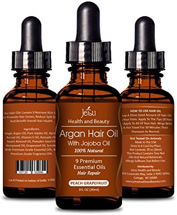 Argan Oil for Hair, PEACH GRAPEFRUIT Scent - Repair Damaged Hair, Daily Hair Moisturizer, 9 Premium Quality Natural Essential Oils, including Jojoba Oil for Hair. FREE easy to use Dropper.