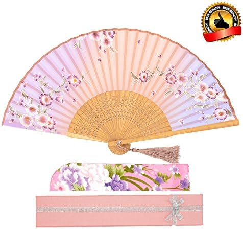 LYSA"Blooming Cherry Blossoms"Folding Hand Held Silk Fan for Women - Silk Tissue Protective Sleeve --- Chinese/Japanese Style (Gradient Powder with Gift Box)