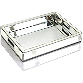 Rectangle Silver Mirror Decorative Tray Size 11” Length x 14” Width x 2” Height, Mirrored Vanity Organizer with Hand, Markup Perfume Jewelry Tray for Bathroom Bedroom Dresser Coffee Table qmdecor