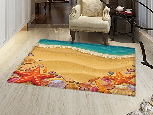 smallbeefly Seashells Bath Mat for tub Seashells on the Beach Style Coastal Fun Relaxation Waves Shoreline Door Mats for inside Bathroom Mat Non Slip Backing Sand Brown Orange Teal