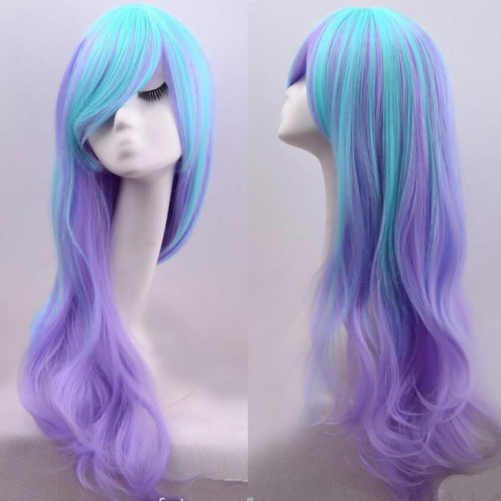 IMISSU 26'' Long Natural Hair Cosplay Wig with Bangs Colorful Halloween Costume Party Wigs for Women (Blue Purple)