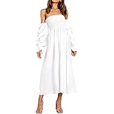 R.Vivimos Summer Dress for Women Long Sleeve Casual Plaid Print Smocked Off Shoulder A-Line Midi Dress