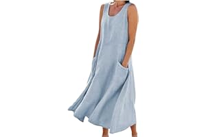 Gcvizuso Summer Dresses for Women 2024 Casual Cotton Linen Dress Sleeveless Flowy Maxi Sundress Solid Beach Tank Dress