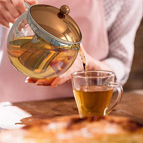 bonVIVO Teapot Tempa Teebereiter Mit Herausnehmbarem Edelstahl-Sieb, 1,5 Liter Kupfer-Chrom kanne Aus Borosilikat, Hitzebeständig, Mit Deckel In Kupfer-Chrom-Look, Tea Infuser – Bild 4