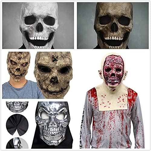 Halloween Horror Decoration Full Head Skull Mask/Helmet with Movable Jaw, Adult Entire Head Realistic Latex Helmet, Creepy Scary Skeleton Headgear (Soft Glue-Gray)