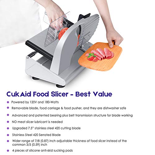 CukAid Electric Meat Slicer Machine, Deli Cheese Bread Food Slicer, Dishwasher Safe, Removable Stainless Steel Blade & Food Carriage and Pusher, 7/8 Inch Adjustable Thickness, 180W, Commercial & Home Use - Thumbnail 4