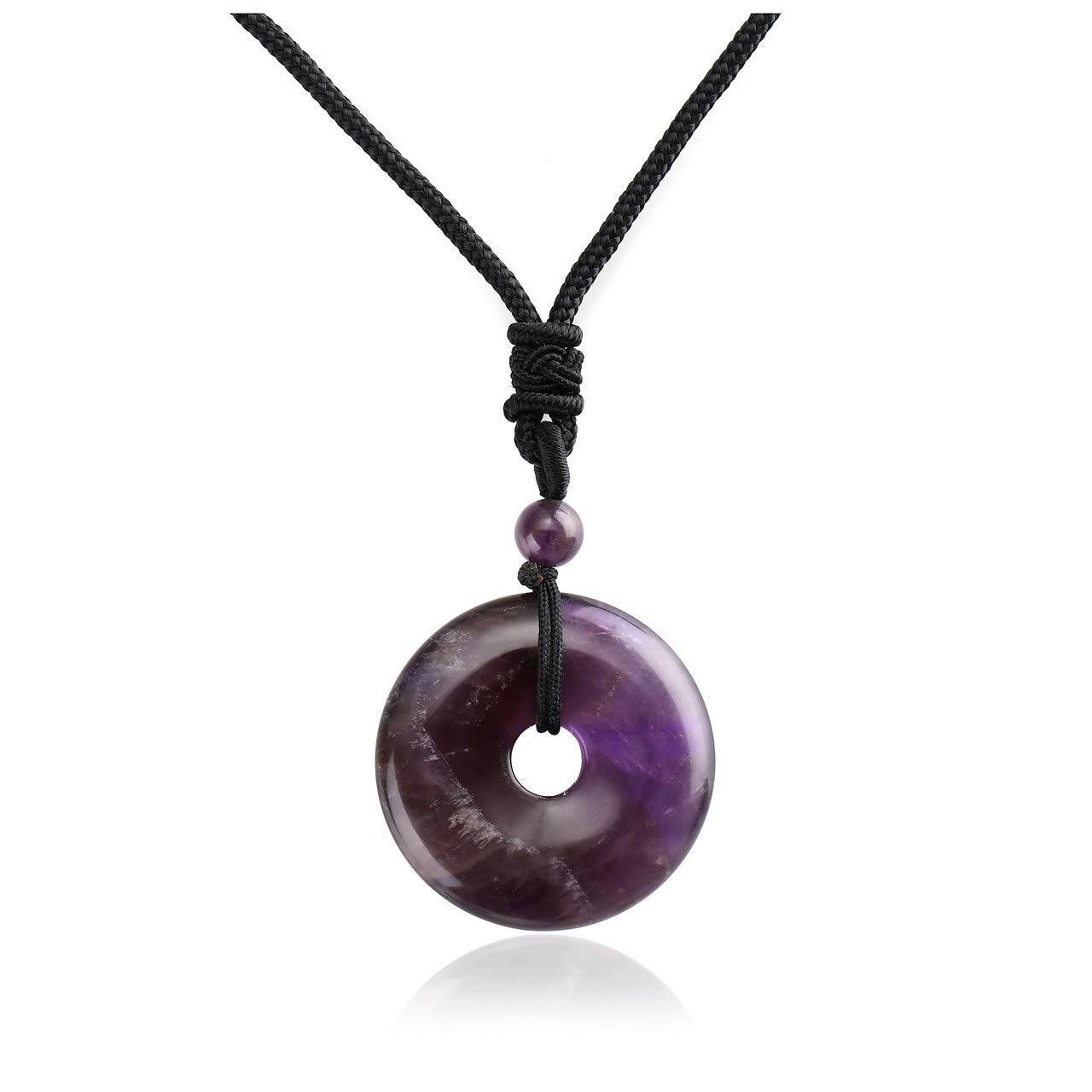 JSDDE Natural Amethyst Crystal Donut Pendant Necklace Reiki Healing Stone Lucky Coin Necklaces for Women Men Gift