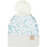C.C Kids Sequin Fur Pom Beanie for Boys Girls - Comfortable Soft Warm Children Youth Knit Skully Hat with Faux Fur Pom