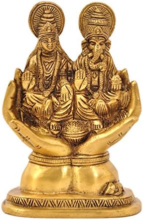 Aesthetic Decors Lakshmi (Laxmi) & Ganesh Sitting On Hand in Antique Gold Showpiece - 5 cm (Brass, Gold)