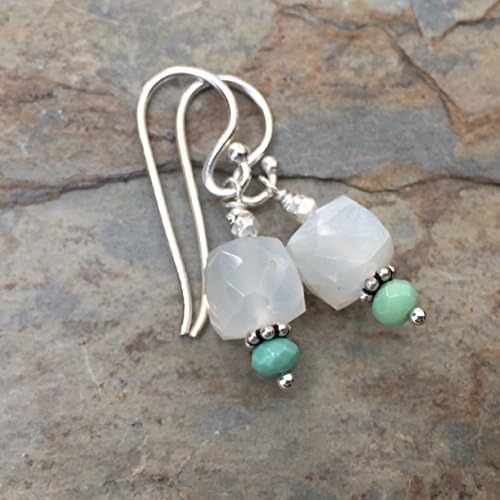 Moonstone Earrings with Green Moss Opal, Sterling Silver, 1 inch long