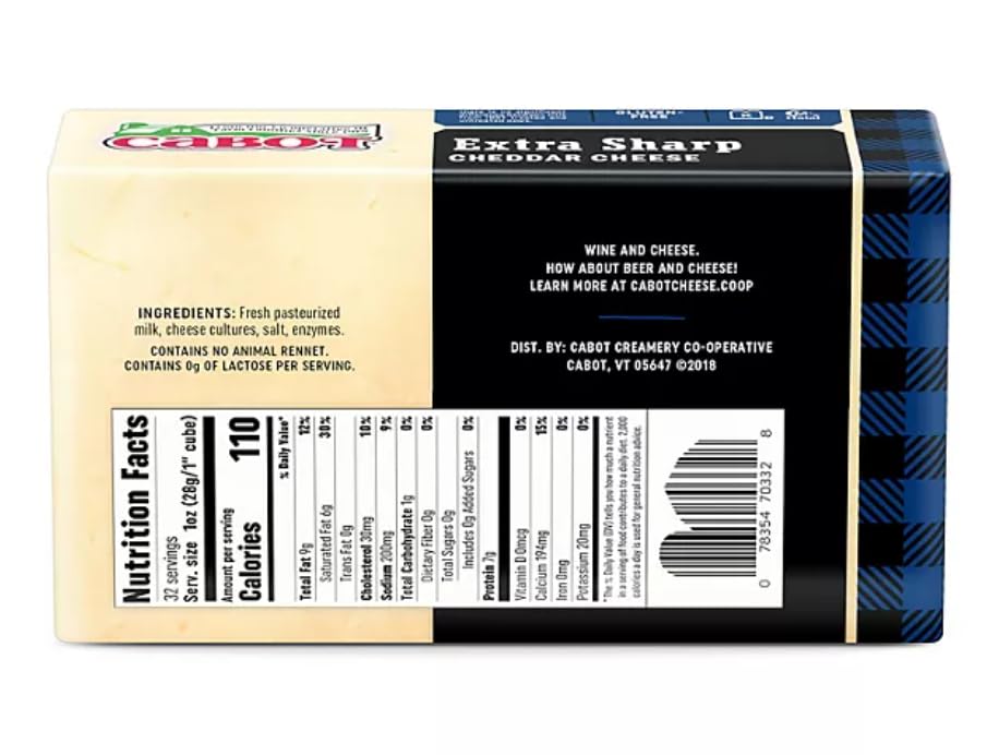 Lactose-Free Extra Sharp Cheddar Cheese 2 lb Block - Cabot Creamery Bold Tangy Flavor