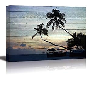 Palm Trees on an Island with Huts as The Sun Sets with Wood Panels Overlaying it - Canvas Art Home Art - 12x18 inches