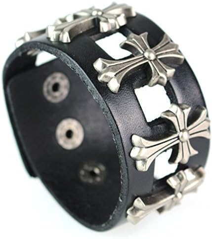 Men's Fashion Jewelry Geuine Leather Alloy Cross Bracelet (Black)
