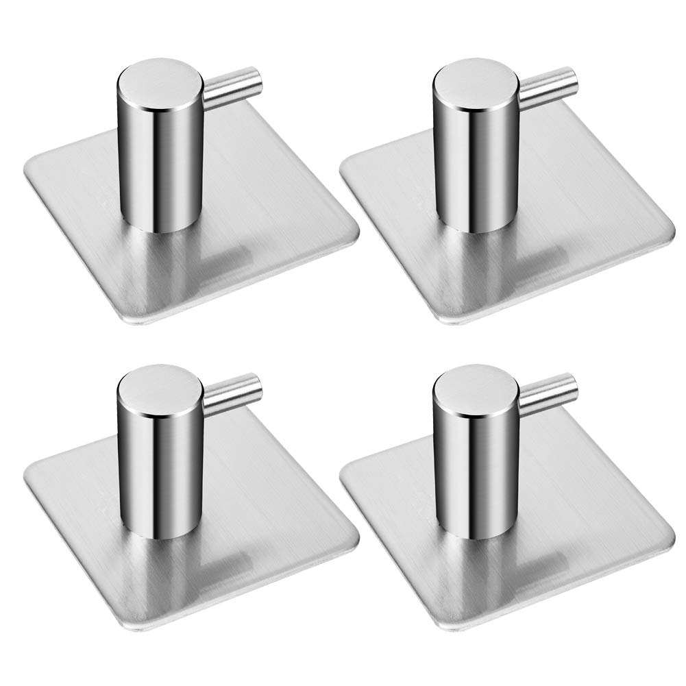 LYSLEDa 4 Pack Rustproof Stainless Steel Stick on Hooks Self Adhesive from, Waterproof Strong Bonding Power Sticky Hooks for Kitchens, Bathrooms, Lavatories, Closets, Office(Square)