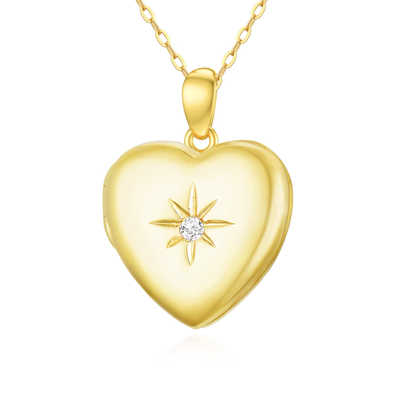 SISGEM 9 ct Gold Locket Necklace with Natual Diamond, Solid Yellow Gold Heart Photo Pendant Necklace, 0.03ctw, G, SI2, For Women Girls Ladies Mum Sisters, 16"+1"+1"